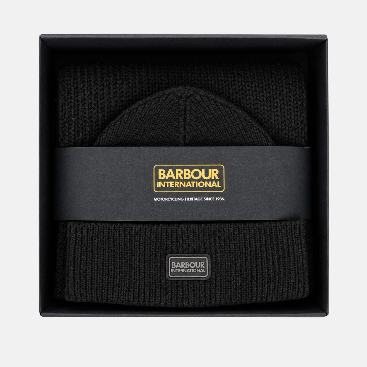Barbour International Sweeper Legacy Beanie Hat & Scarf Gift Box Set Black | Northern Threads Designer Menswear