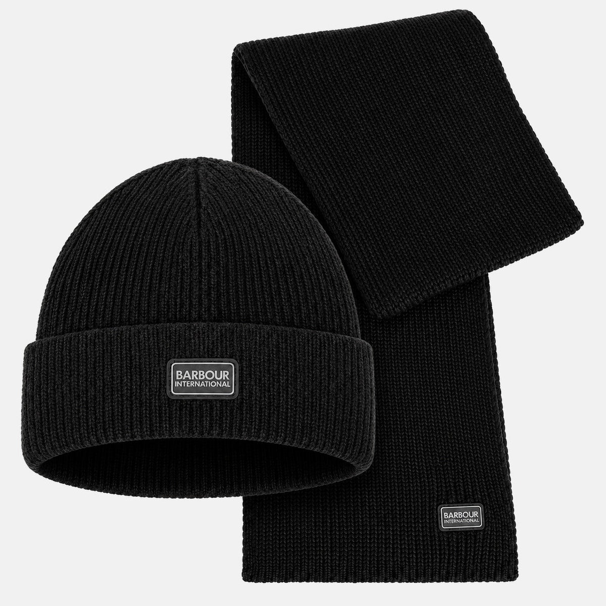 Barbour International Sweeper Legacy Beanie Hat & Scarf Gift Box Set Black | Northern Threads Designer Menswear