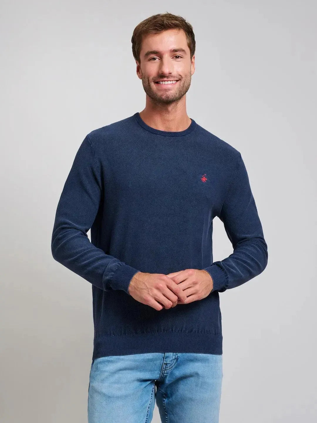 BEVERLY HILLS POLO CLUB-BHPC GARMENT DYED MODERN SLIM FIT CREWNECK COTTON KNIT DARK NAVY-NORTHERN THREADS DESIGNER MENSWEAR