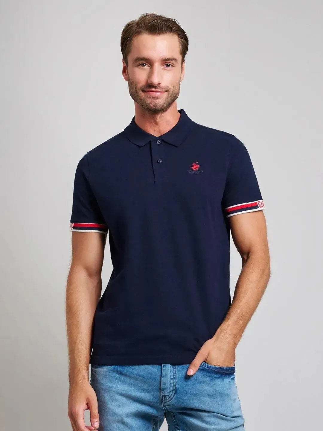 Beverly Hills Polo Club-BHPC RIBBED SLEEVE MODERN SLIM FIT POLO SHIRT DARK NAVY-NORTHERN THREADS DESIGNER MENSWEAR
