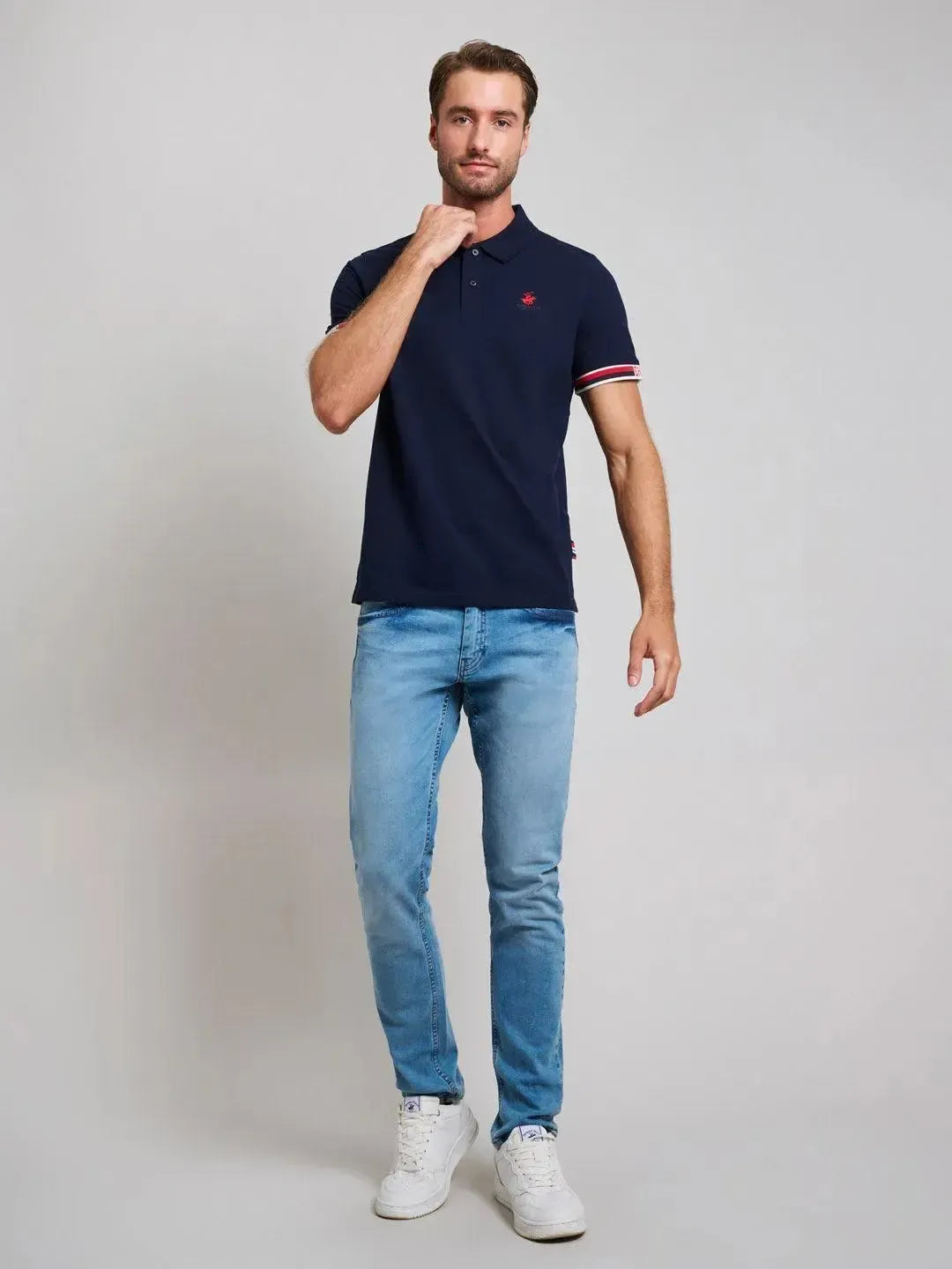 Beverly Hills Polo Club-BHPC RIBBED SLEEVE MODERN SLIM FIT POLO SHIRT DARK NAVY-NORTHERN THREADS DESIGNER MENSWEAR