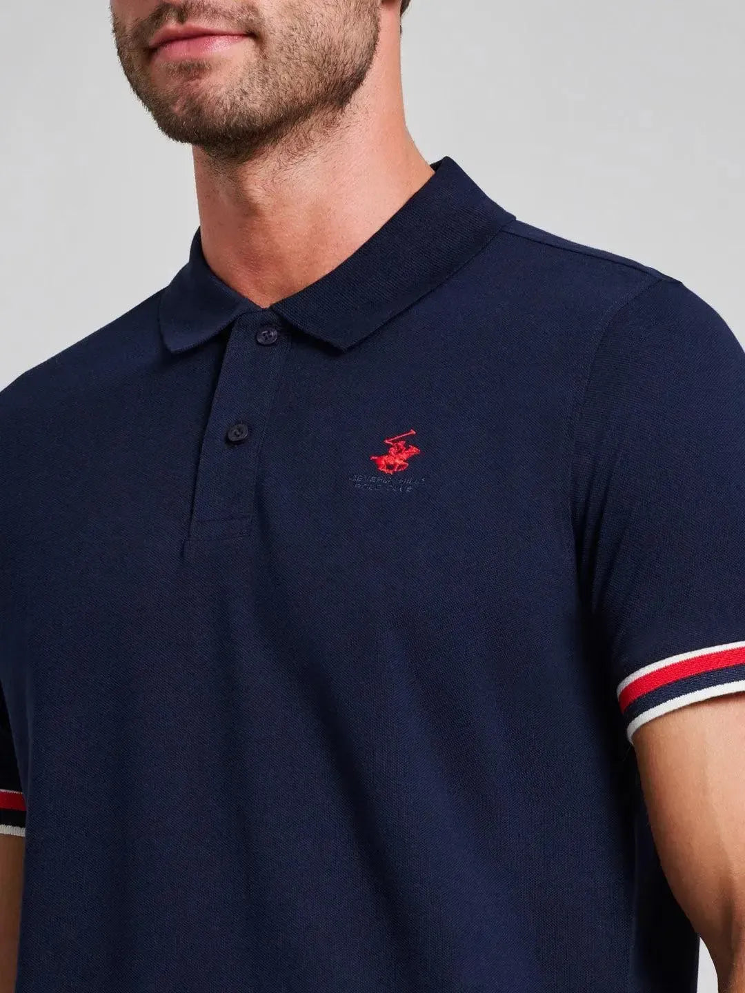 Beverly Hills Polo Club-BHPC RIBBED SLEEVE MODERN SLIM FIT POLO SHIRT DARK NAVY-NORTHERN THREADS DESIGNER MENSWEAR