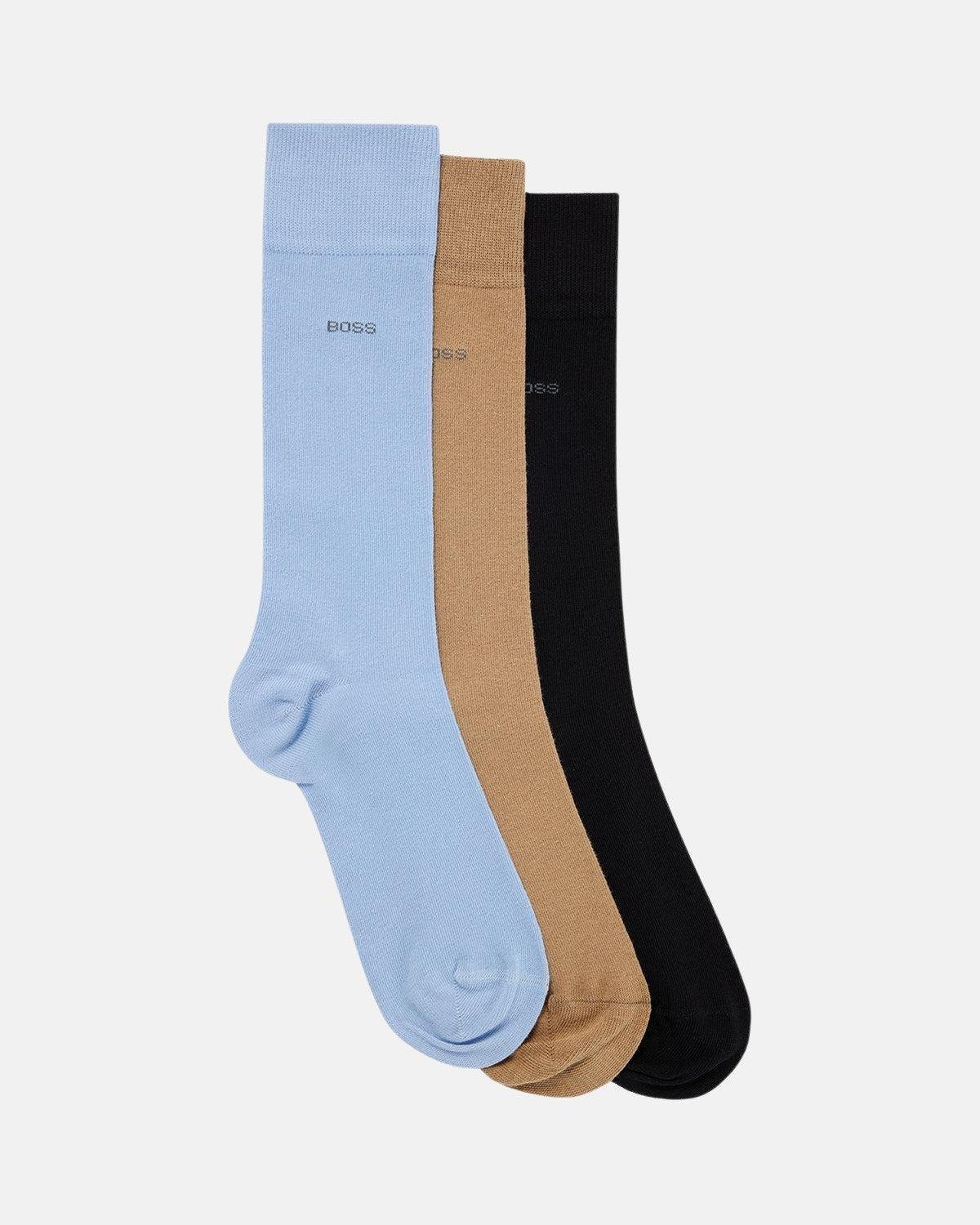 BOSS 3 PACK LOGO CALF SOCKS BLUE BEIGE BLACK - BOSS-50469366-966-S-UK5.5-8 - northern threads uk