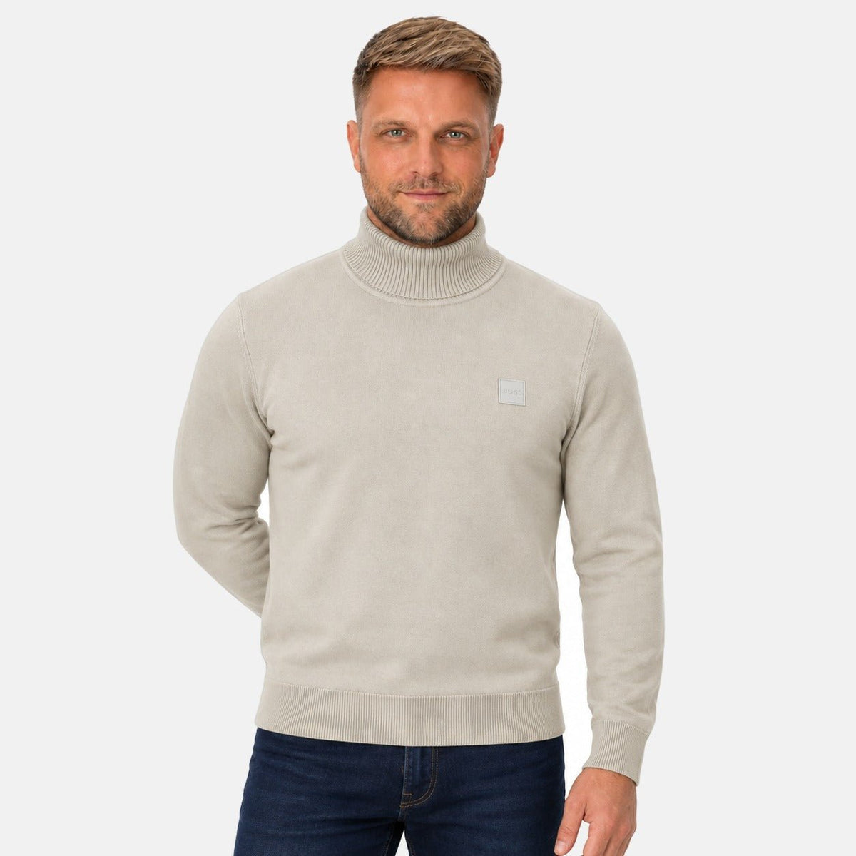 BOSS Akiro Roll Neck Logo Jumper Light Natural | Northern Threads Designer Menswear