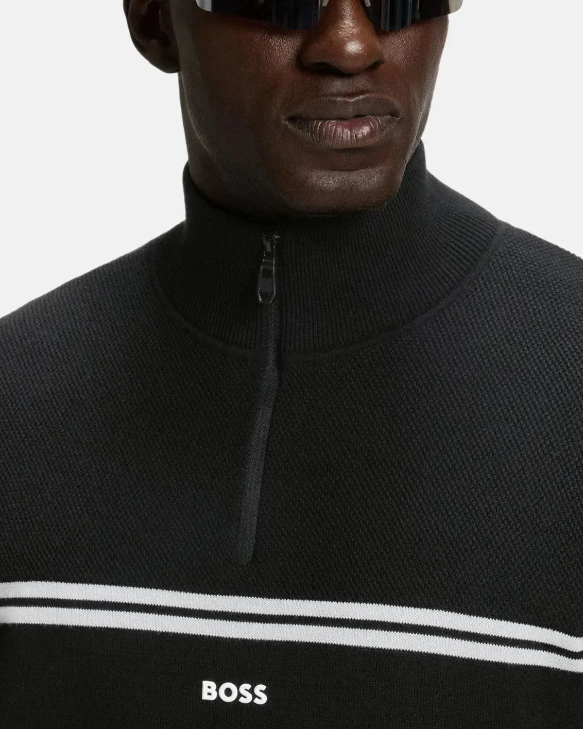 BOSS-BOSS K-ZONE STRIPE DETAIL 1/4 ZIP KNIT BLACK-NORTHERN THREADS DESIGNER MENSWEAR