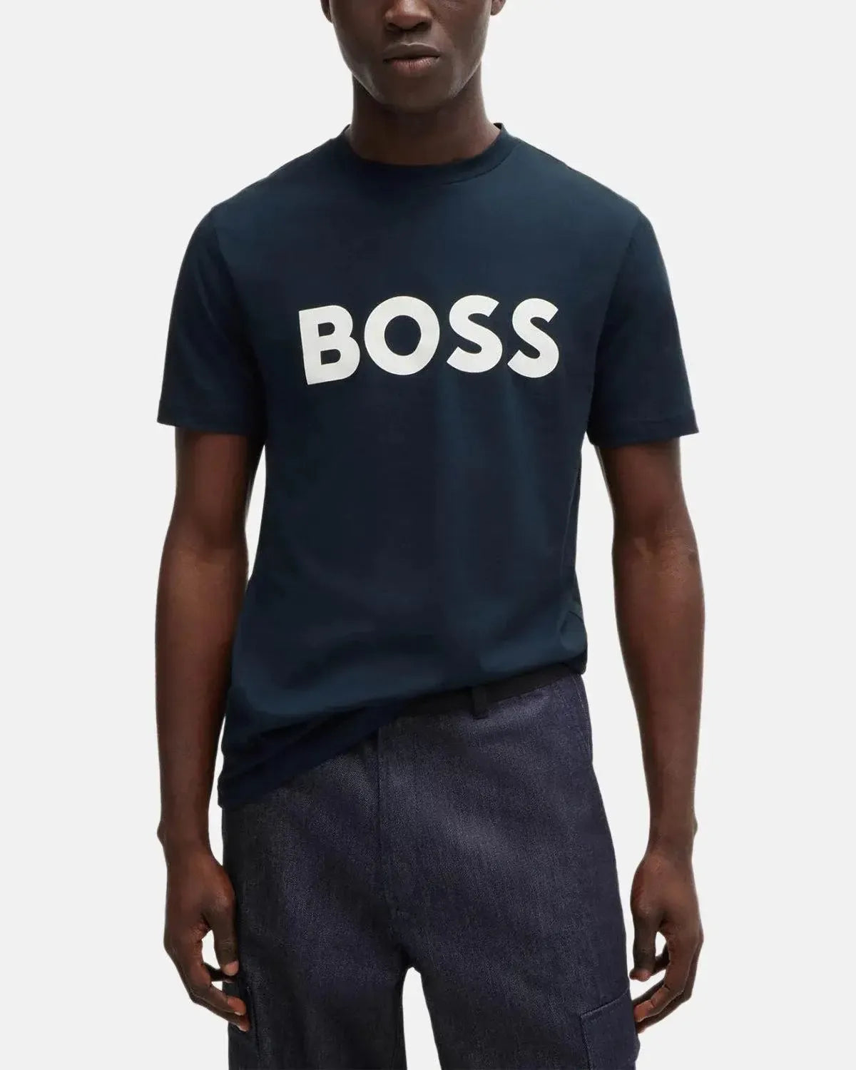 BOSS-BOSS THINKING 1 RUBBER PRINT LOGO T-SHIRT DARK BLUE-NORTHERN THREADS DESIGNER MENSWEAR