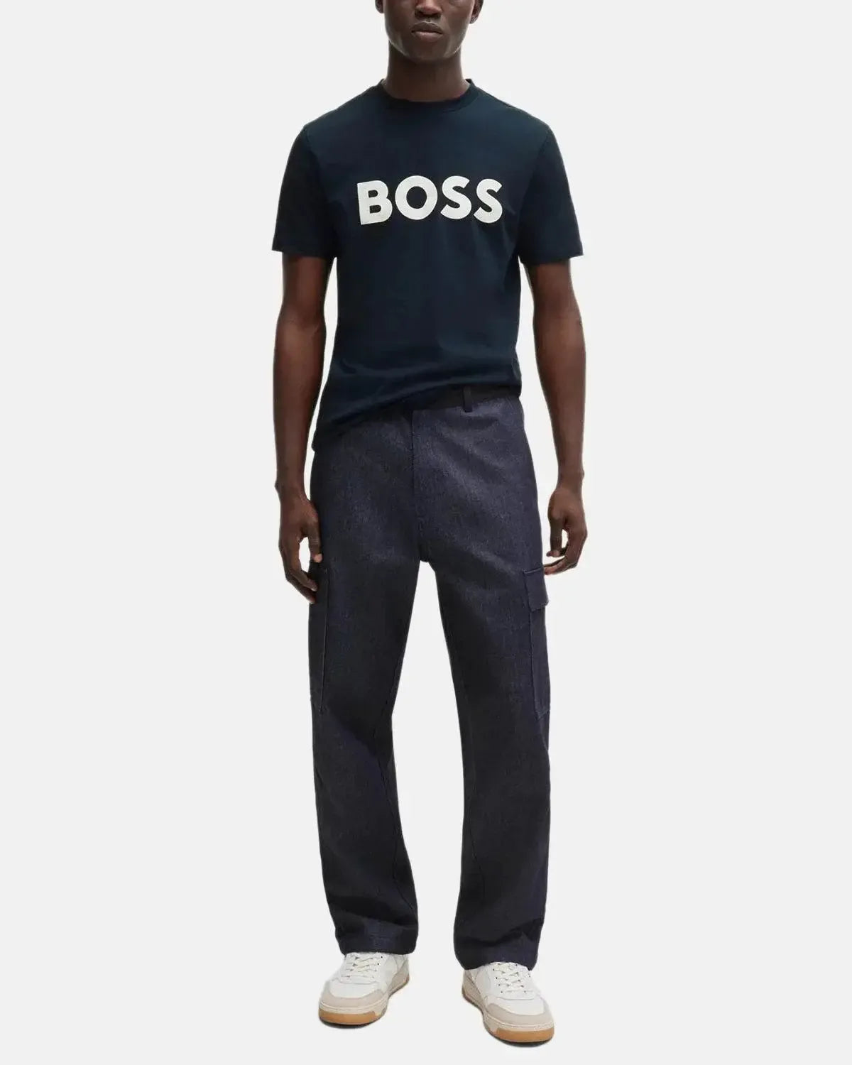 BOSS-BOSS THINKING 1 RUBBER PRINT LOGO T-SHIRT DARK BLUE-NORTHERN THREADS DESIGNER MENSWEAR