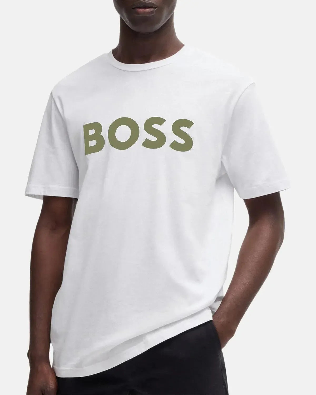 BOSS-BOSS THINKING 1 RUBBER PRINT LOGO T-SHIRT WHITE KHAKI-NORTHERN THREADS DESIGNER MENSWEAR