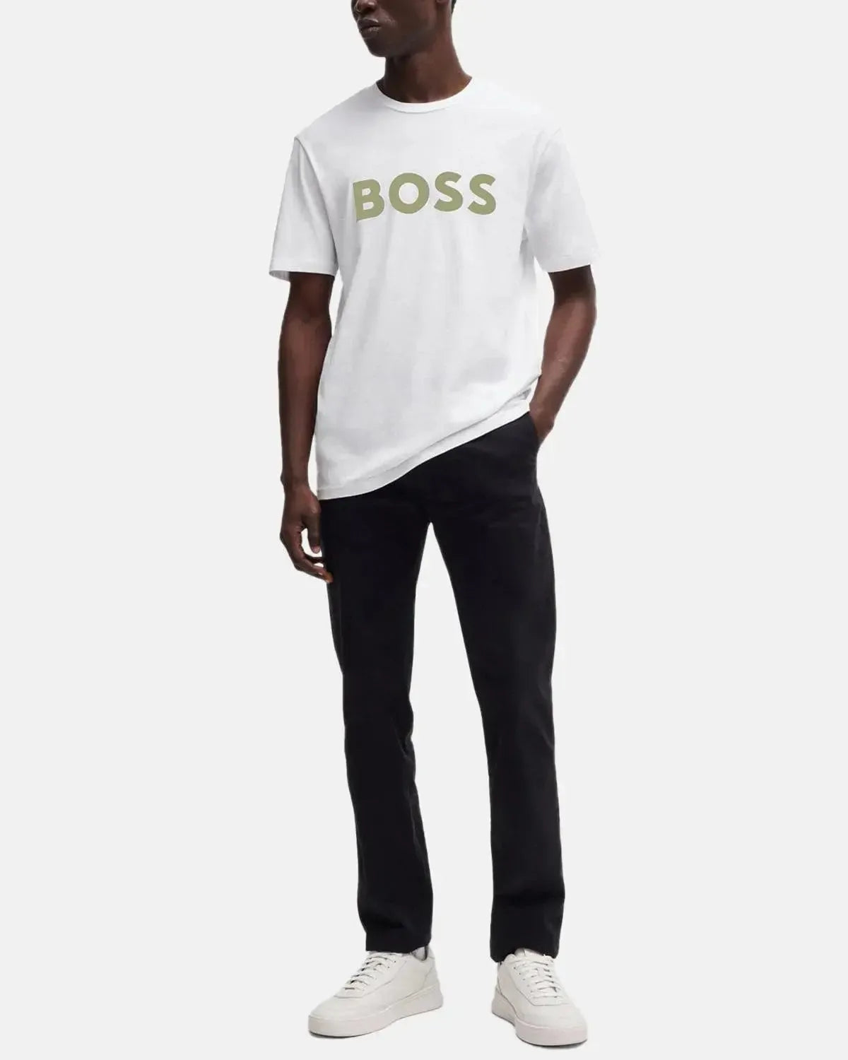 BOSS-BOSS THINKING 1 RUBBER PRINT LOGO T-SHIRT WHITE KHAKI-NORTHERN THREADS DESIGNER MENSWEAR