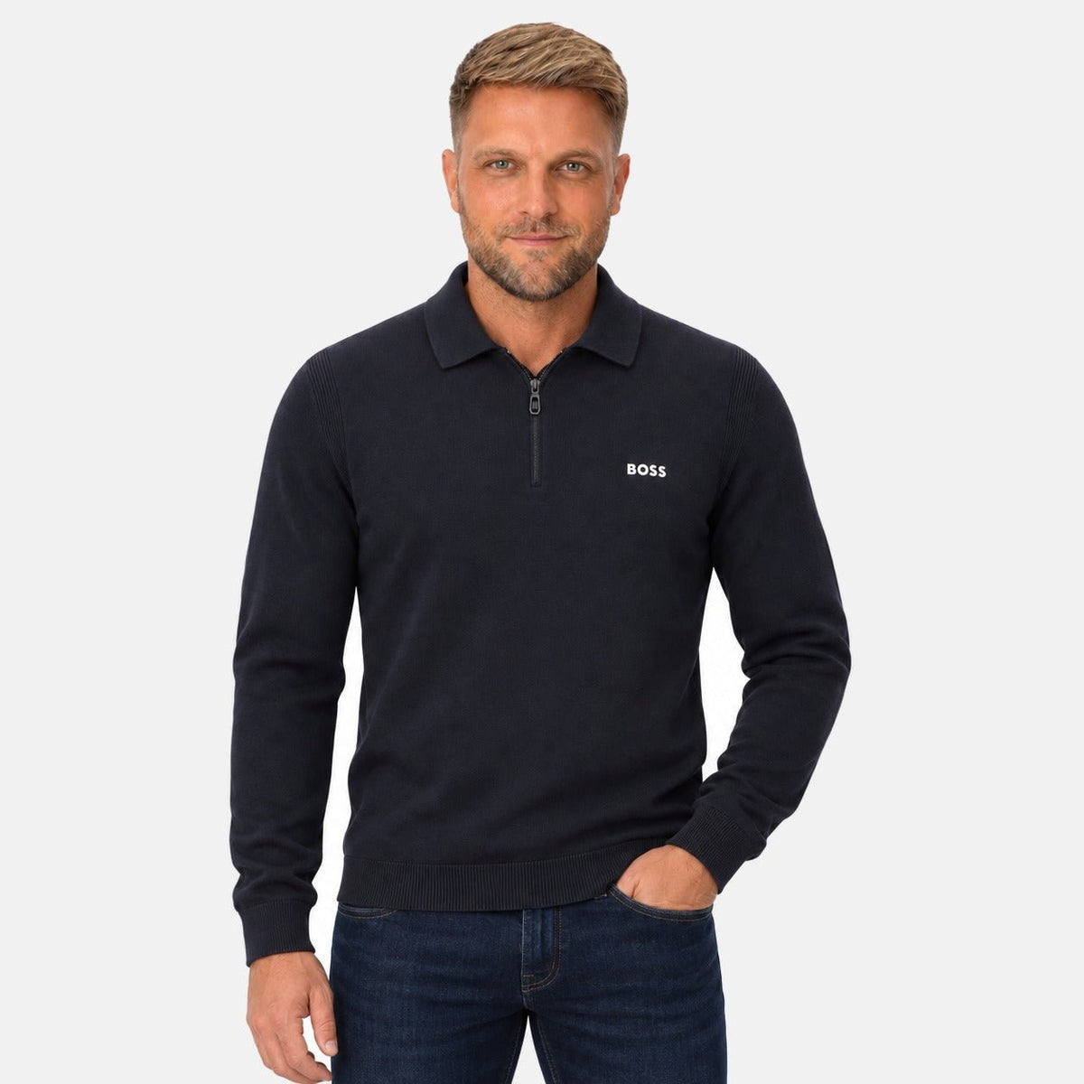 BOSS Ever Knitted Zip Neck Polo Shirt Navy | Northern Threads Designer Menswear