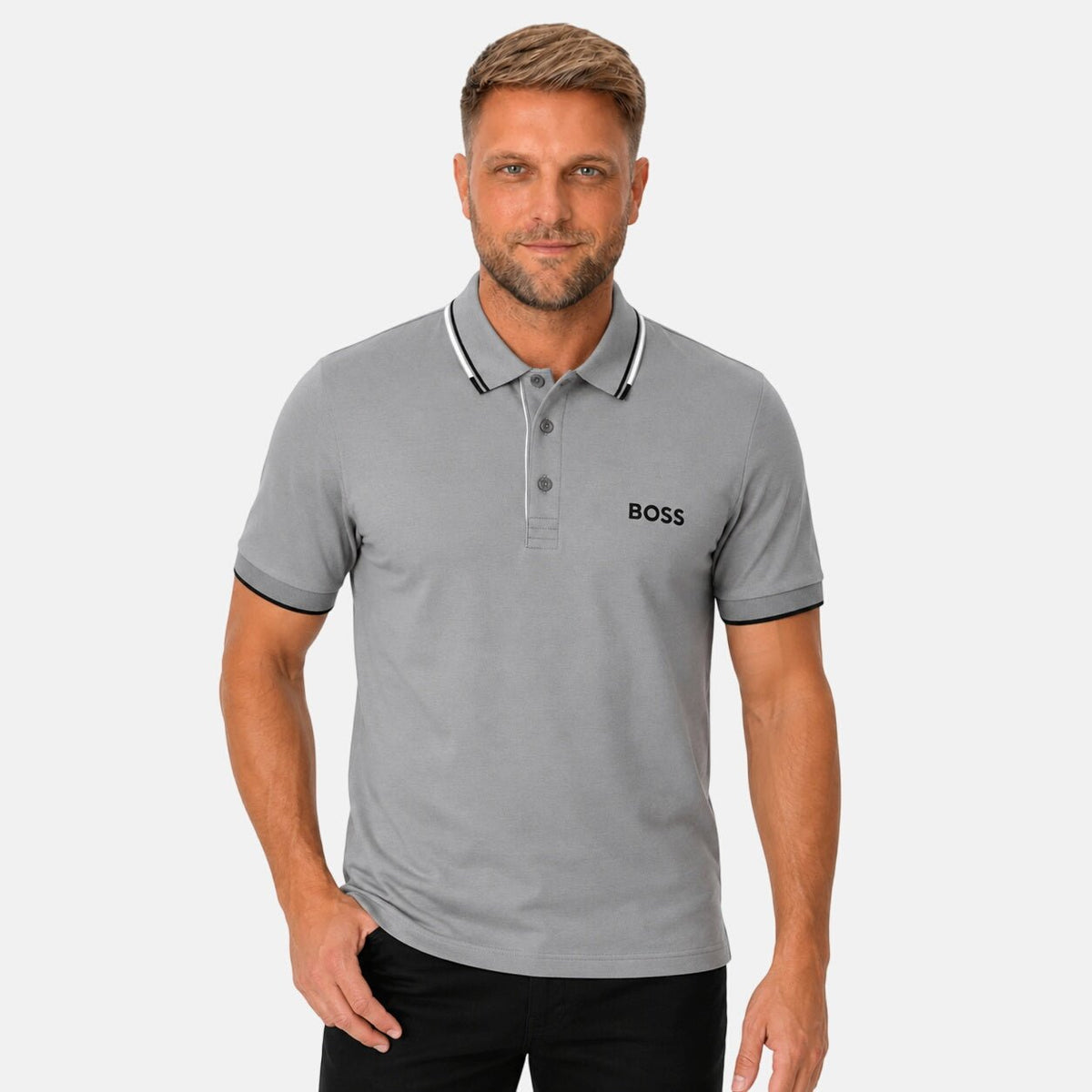 BOSS Paddy Pro Polo Shirt Medium Grey/Black/White | Northern Threads Designer Menswear