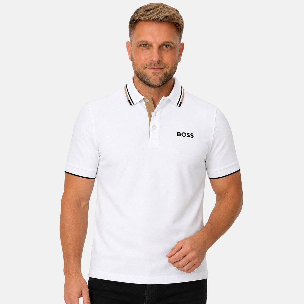 BOSS Paddy Pro Polo Shirt White/Black/Natural | Northern Threads Designer Menswear