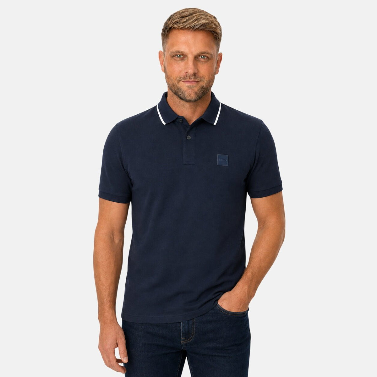 BOSS Slim Fit Passertip Polo Shirt Navy Blue/White | Northern Threads Designer Menswear