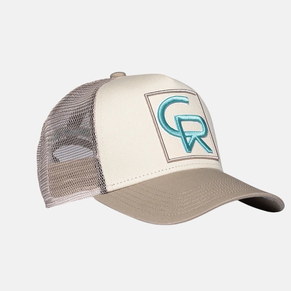 Christian Rose CR Box Logo Trucker Cap Taupe Cream Blue - northern threads