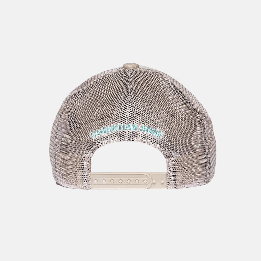 Christian Rose CR Box Logo Trucker Cap Taupe Cream Blue - northern threads
