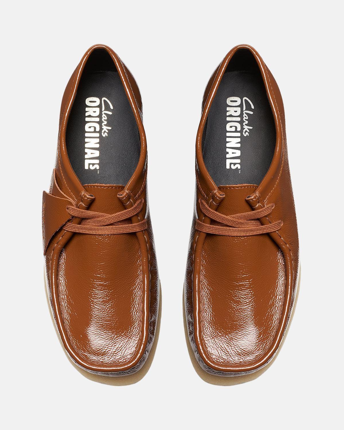 CLARKS ORIGINALS WOMENS WALLABEE SHOES DUSK BROWN PATENT - CLARKS-26176553-UK3 - northern threads uk