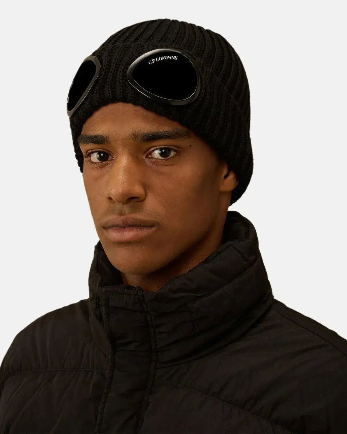 CP COMPANY-CP COMPANY EXTRA FINE MERINO WOOL GOGGLE BEANIE BLACK-NORTHERN THREADS DESIGNER MENSWEAR