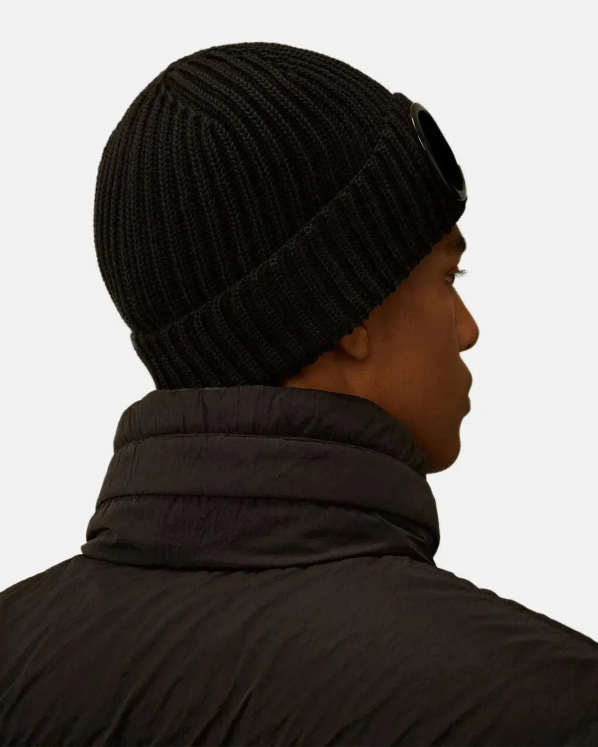 CP COMPANY-CP COMPANY EXTRA FINE MERINO WOOL GOGGLE BEANIE BLACK-NORTHERN THREADS DESIGNER MENSWEAR