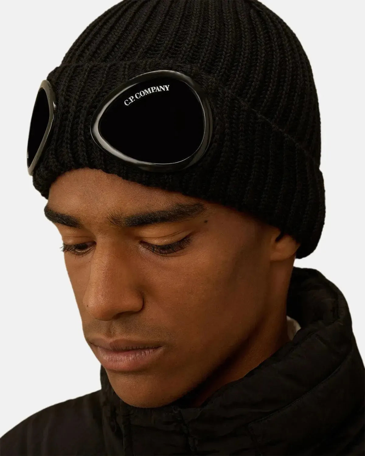 CP COMPANY-CP COMPANY EXTRA FINE MERINO WOOL GOGGLE BEANIE BLACK-NORTHERN THREADS DESIGNER MENSWEAR
