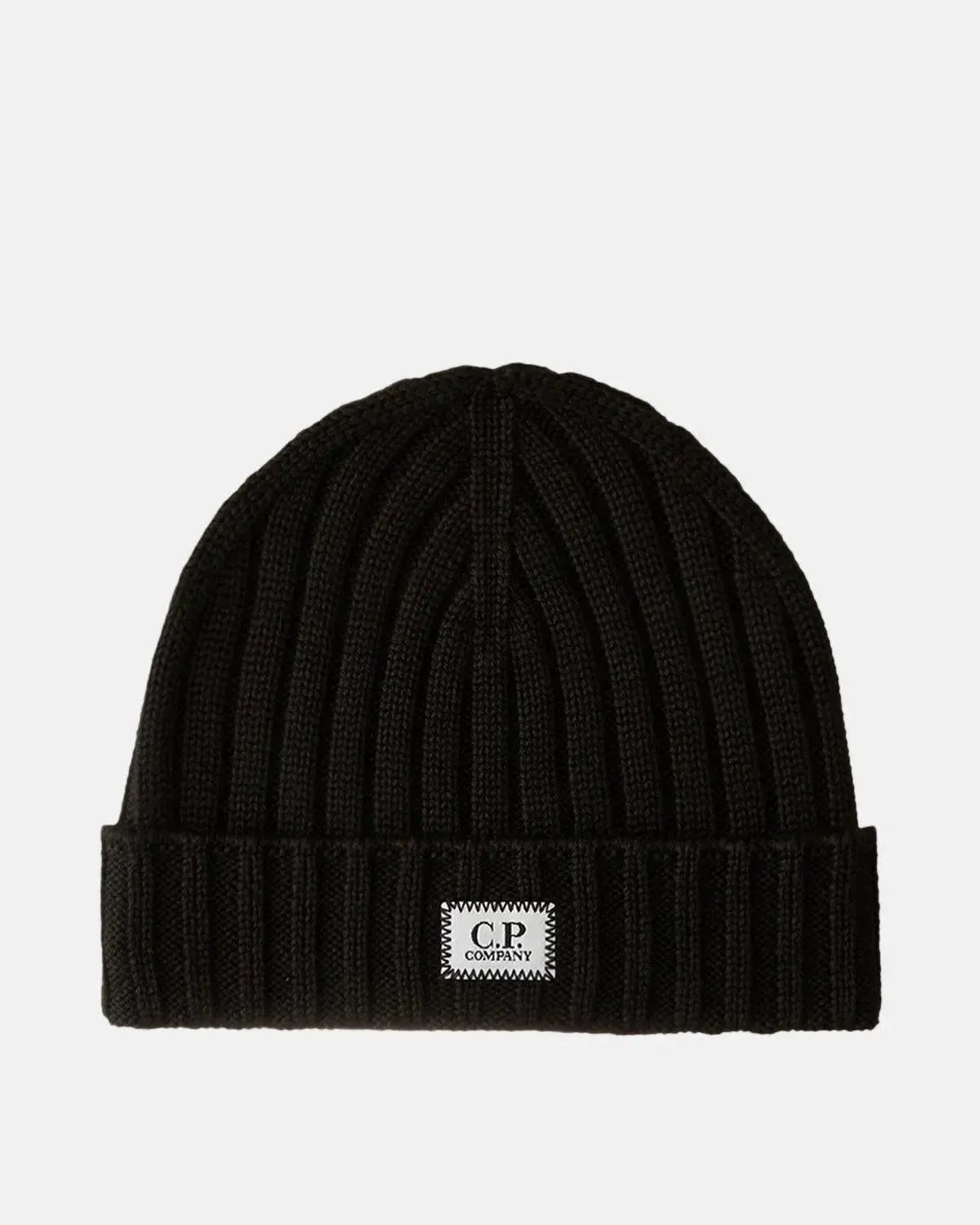 CP COMPANY-CP COMPANY EXTRA FINE MERINO WOOL LOGO BEANIE BLACK-NORTHERN THREADS DESIGNER MENSWEAR