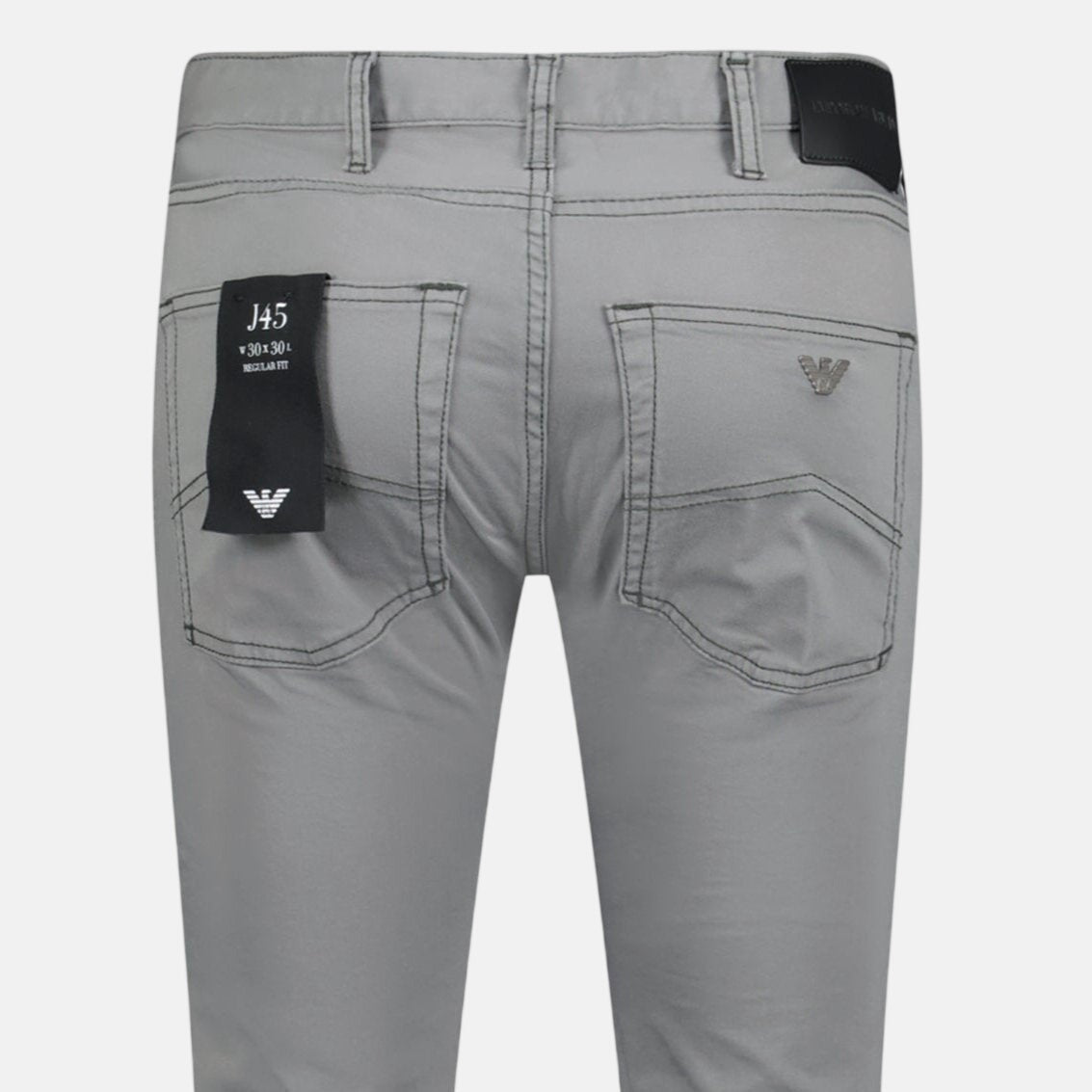 Emporio Armani J45 Slim Fit 5 Pocket Silver Eagle Black Belt Patch Jeans Grey - northern threads