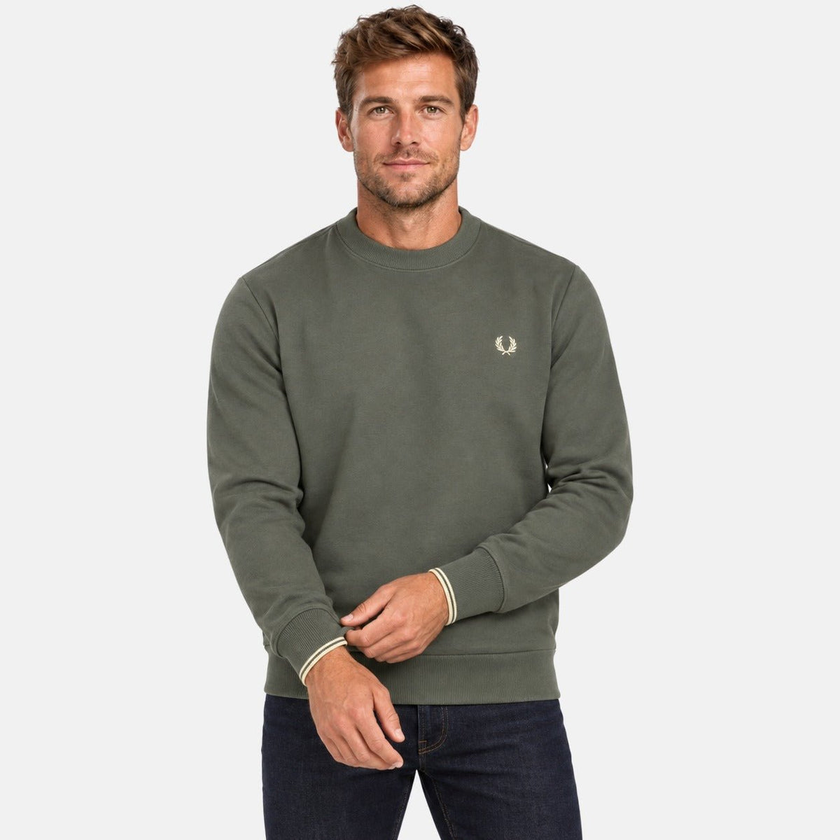 Fred Perry Crew Neck Sweatshirt Field Green/Oatmeal | Northern Threads Designer Menswear