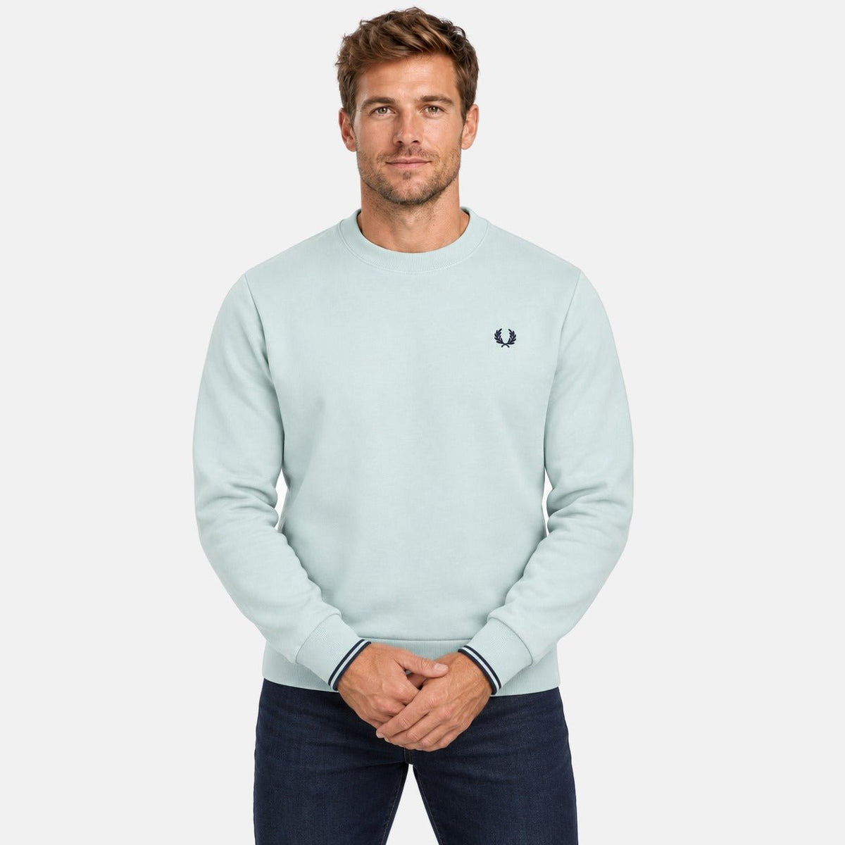 Fred Perry Crew Neck Sweatshirt Silver Blue/Dark Airforce | Northern Threads Designer Menswear