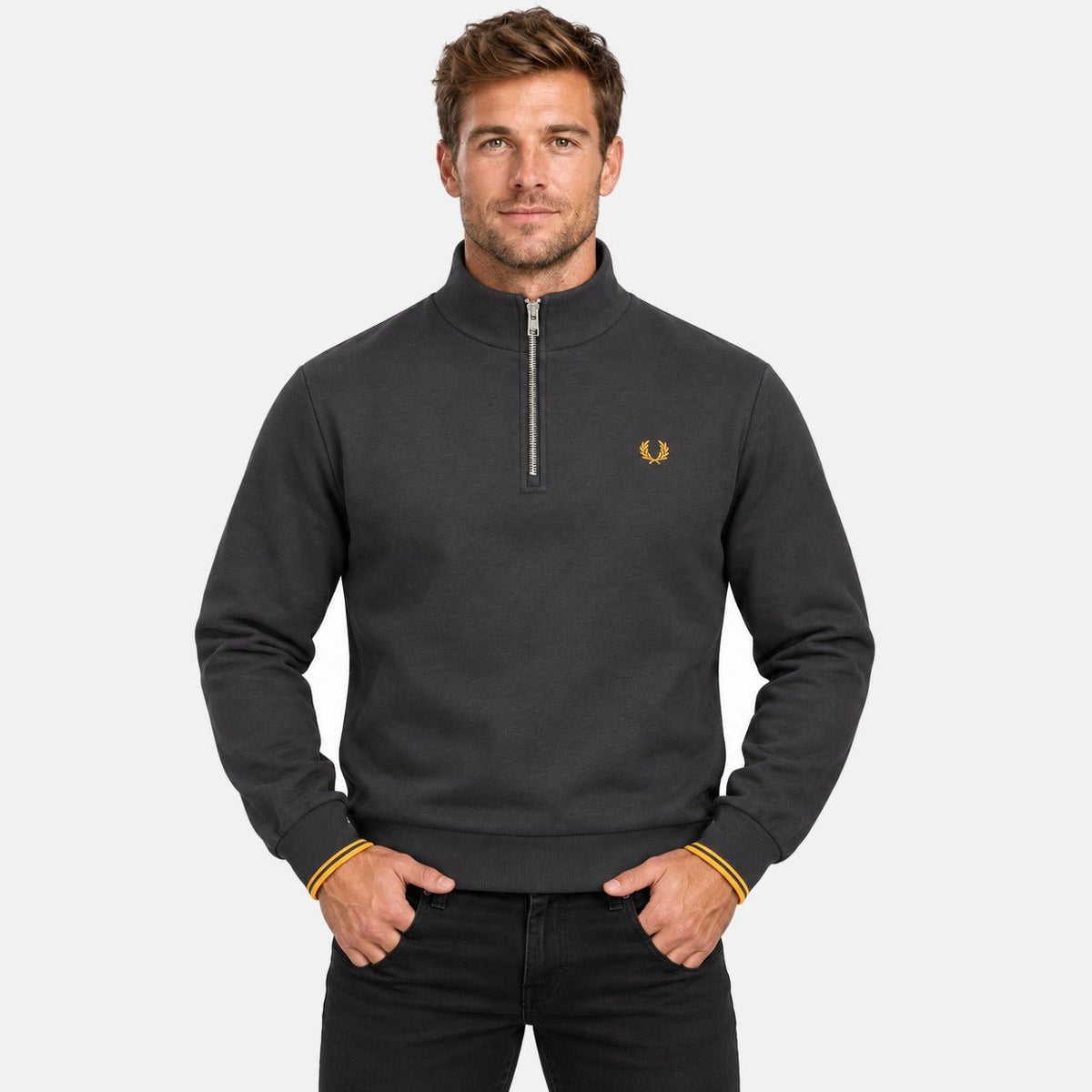 Fred Perry Half Zip Sweatshirt Anchor Grey/Golden | Northern Threads Designer Menswear
