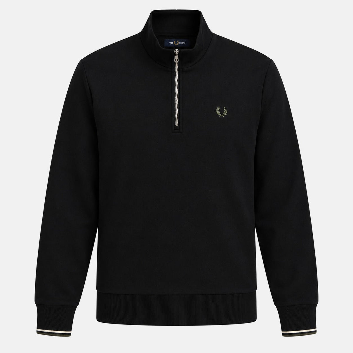 Fred Perry Half Zip Sweatshirt Black/Ecru/Laurel Wreath Green | Northern Threads Designer Menswear
