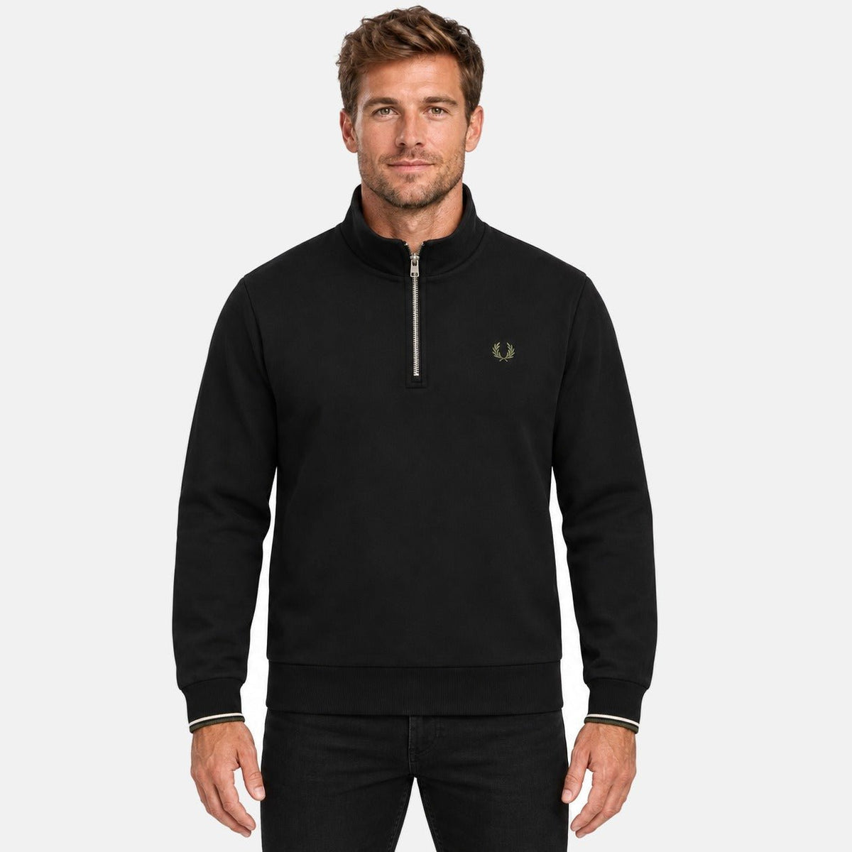 Fred Perry Half Zip Sweatshirt Black/Ecru/Laurel Wreath Green | Northern Threads Designer Menswear