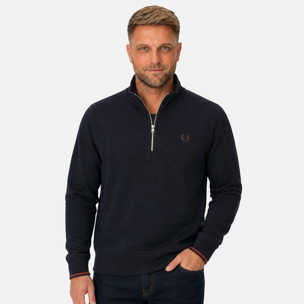 Fred Perry Half Zip Sweatshirt Navy/Brandy/Rich Brown | Northern Threads Designer Menswear