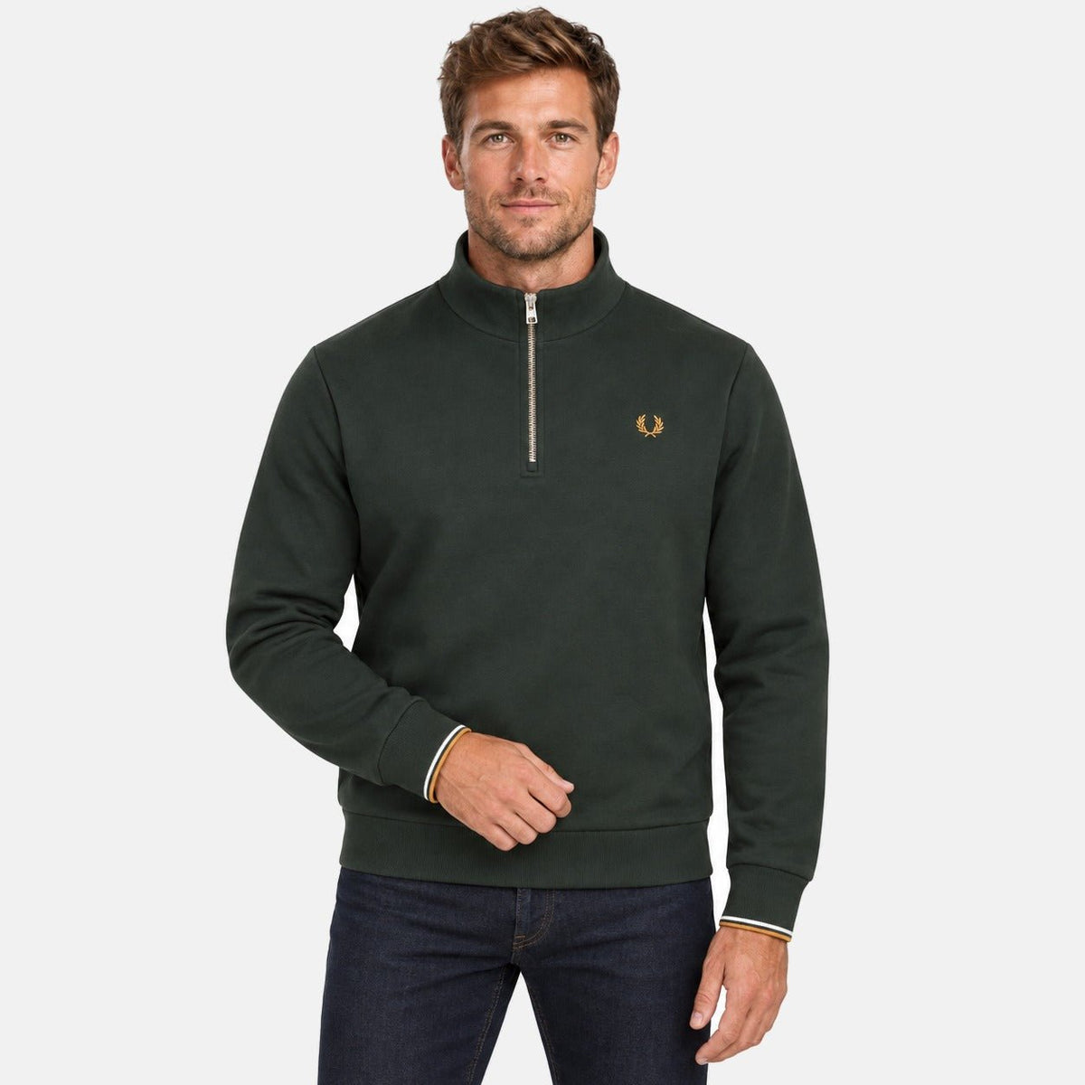 Fred Perry Half Zip Sweatshirt Night Green/Dusky Blue/Dark Caramel | Northern Threads Designer Menswear