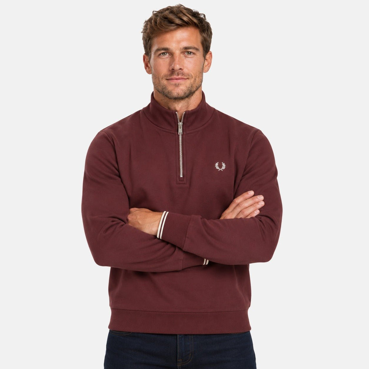 Fred Perry Half Zip Sweatshirt Oxblood/Ecru | Northern Threads Designer Menswear