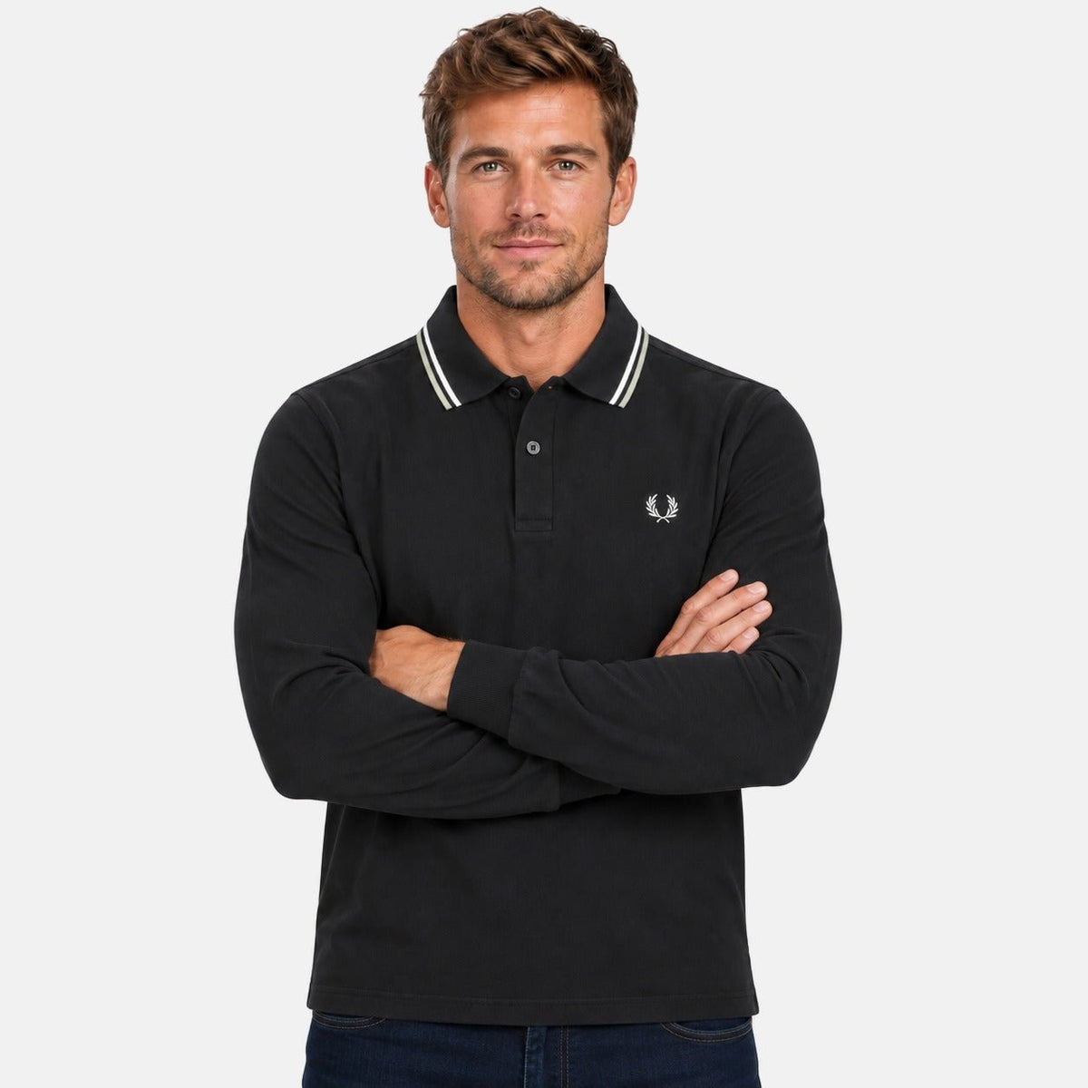 Fred Perry Long Sleeve Twin Tipped Long Sleeved Polo Shirt Navy/Ecru/Silver Blue | Northern Threads Designer Menswear