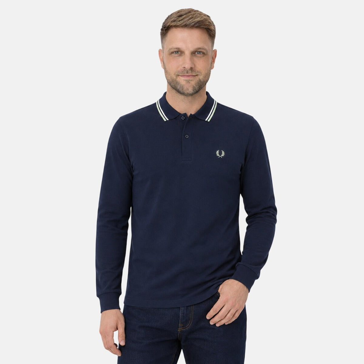 Fred Perry Long Sleeve Twin Tipped Polo Shirt Dark Airforce/Ecru/Seagrass | Northern Threads Designer Menswear