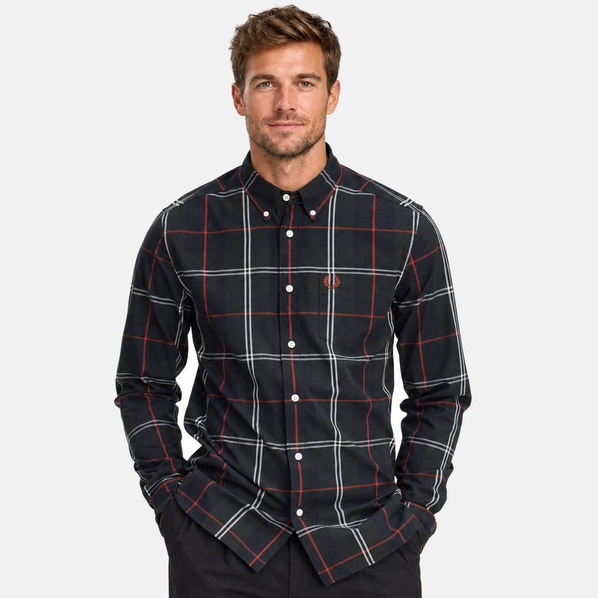 Fred Perry Poplin Tartan Shirt Night Green | Northern Threads Designer Menswear