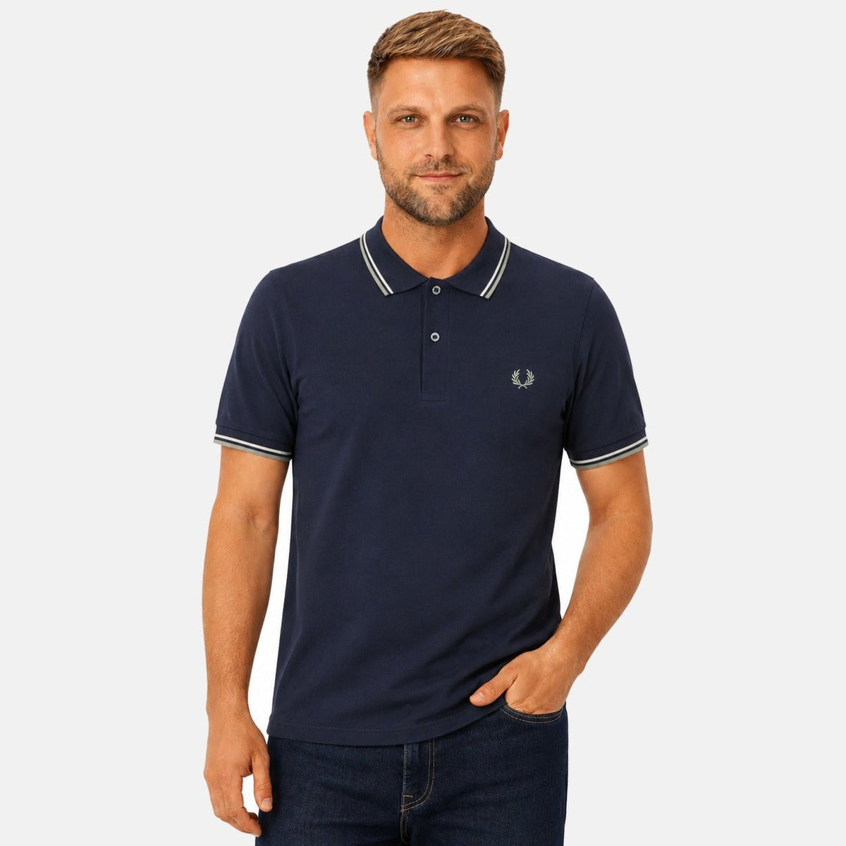 Fred Perry Twin Tipped Polo Shirt Dark Airforce/Ecru/Seagrass | Northern Threads Designer Menswear