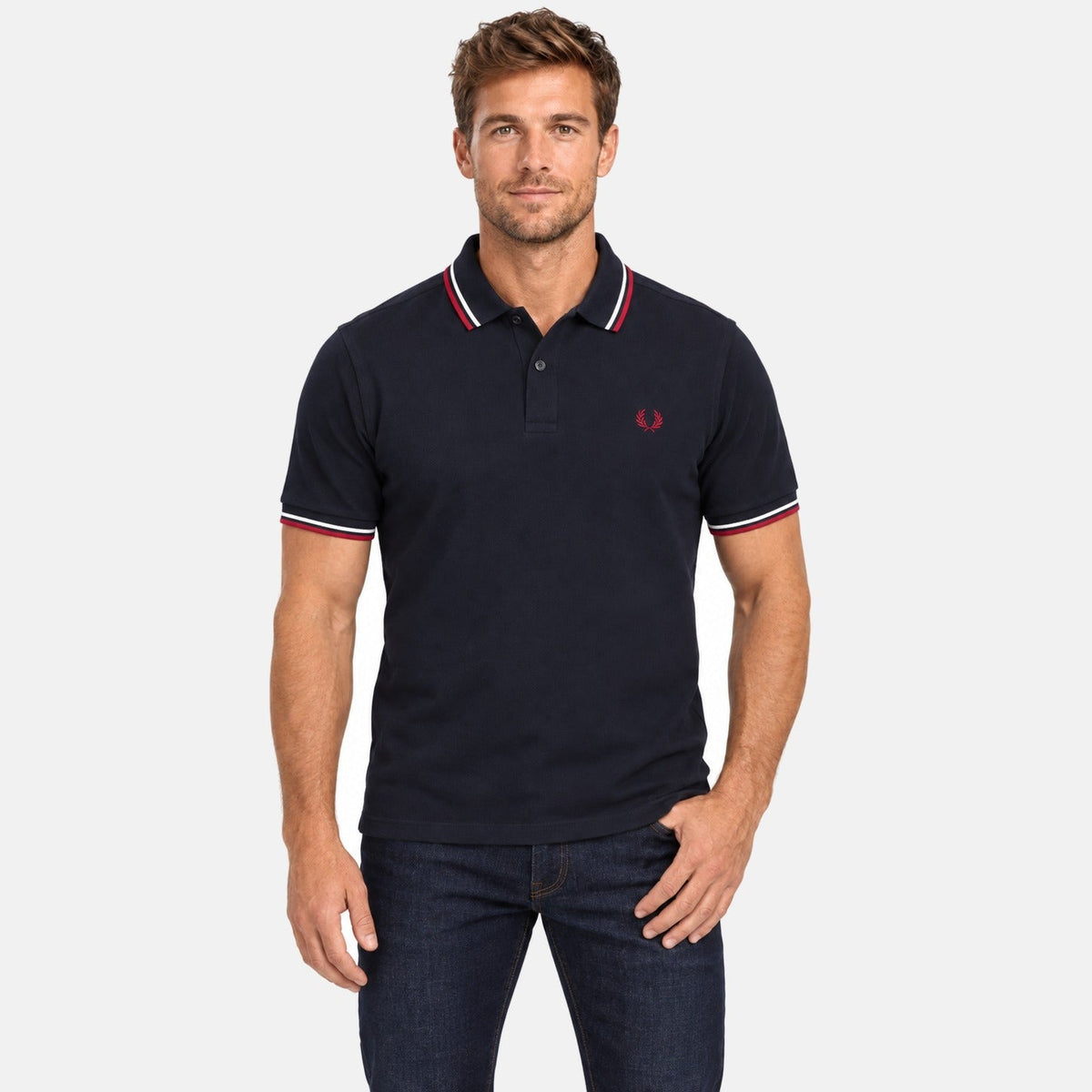 Fred Perry Twin Tipped Polo Shirt Navy/Snow White/Burnt Red | Northern Threads Designer Menswear