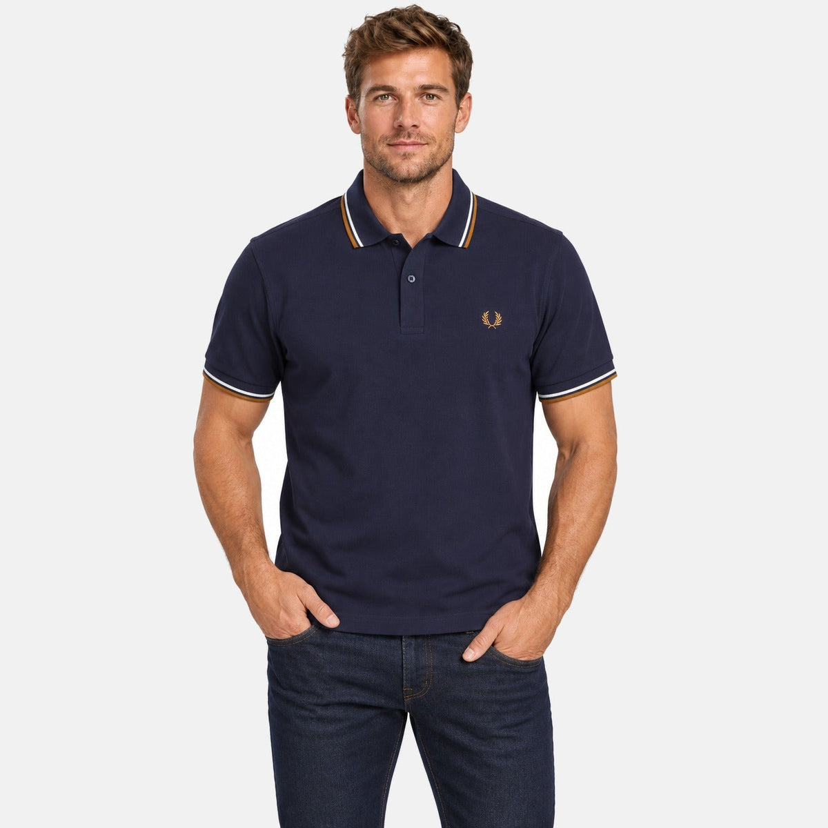Fred Perry Twin Tipped Polo Shirt Twilight Navy/Snow White/Dark Caramel | Northern Threads Designer Menswear