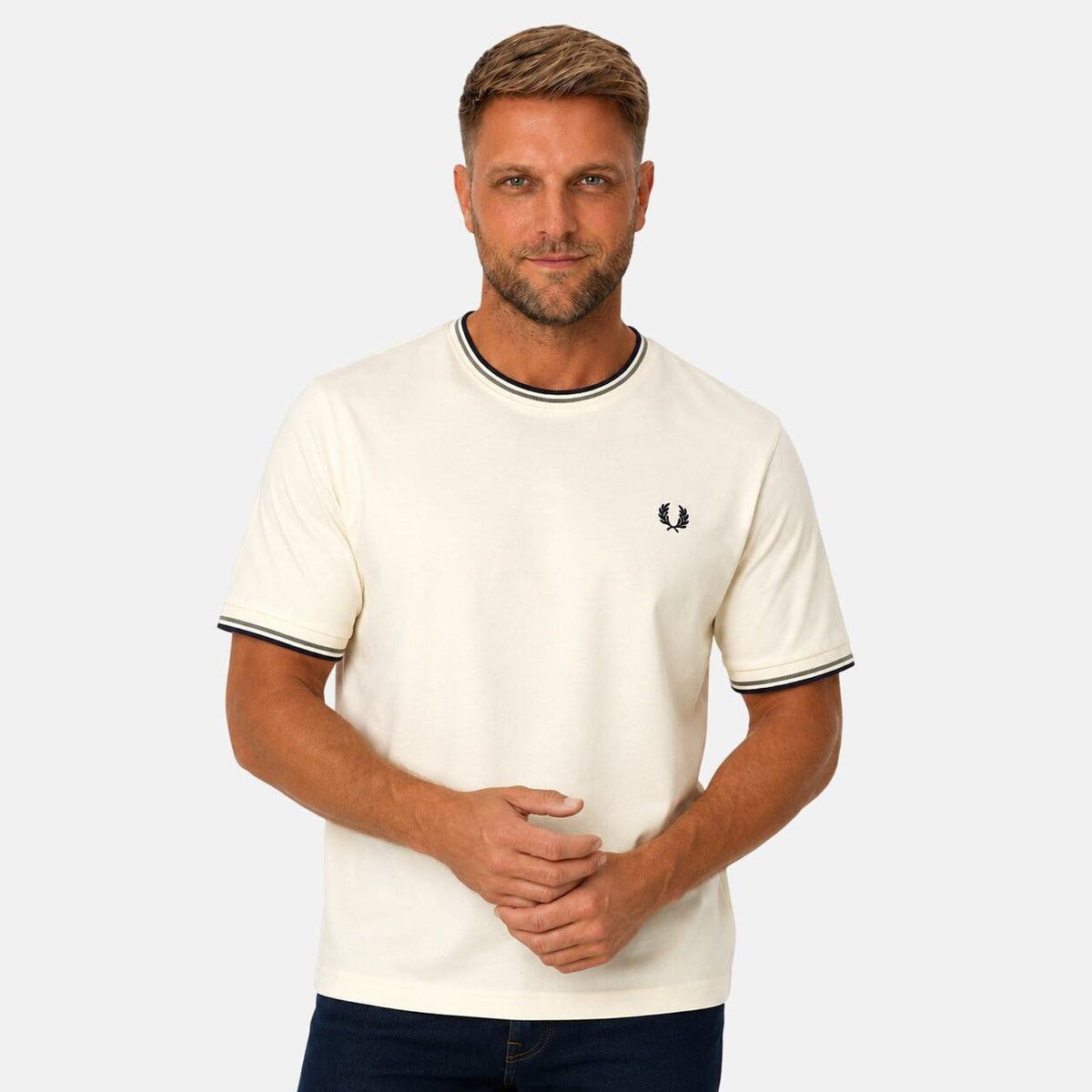 Fred Perry Twin Tipped T-Shirt Ecru/Seagrass/Dark Airforce | Northern Threads Designer Menswear