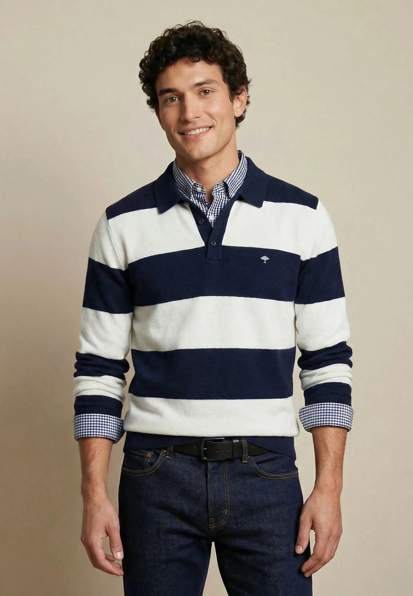 Fynch - Hatton Block Stripe Cotton Linen Polo Collar Knit Navy - northern threads