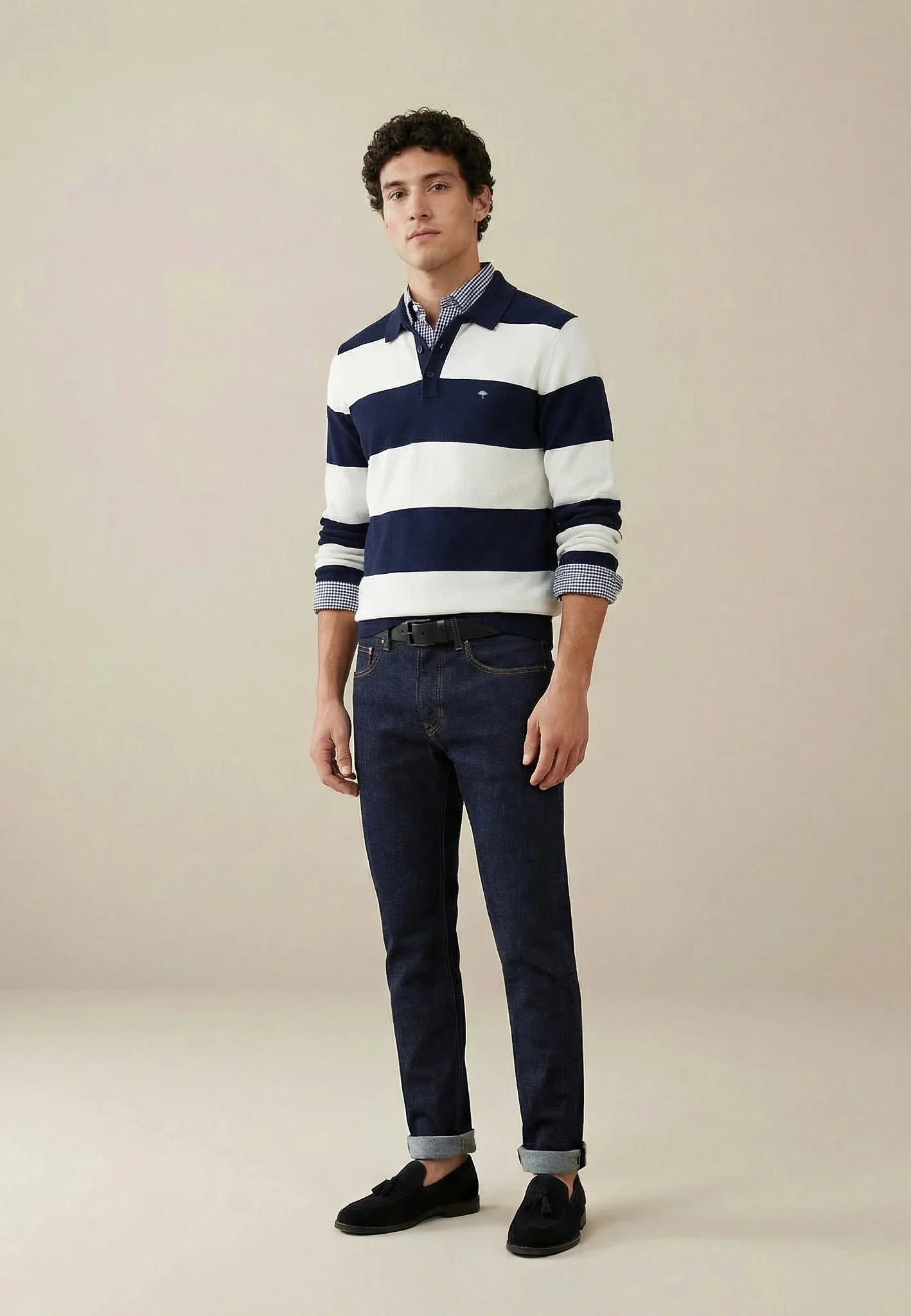 Fynch - Hatton Block Stripe Cotton Linen Polo Collar Knit Navy - northern threads