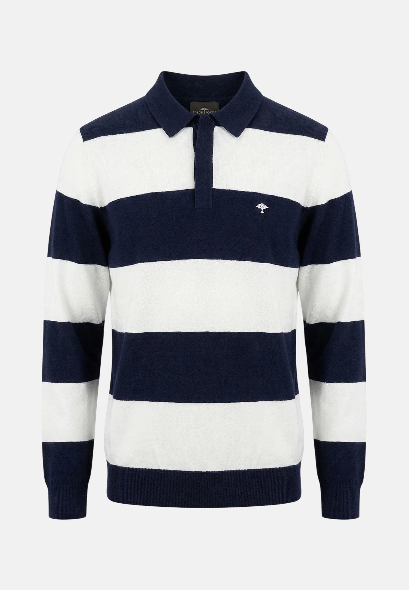 Fynch - Hatton Block Stripe Cotton Linen Polo Collar Knit Navy - 1603706-690-M - northern threads uk