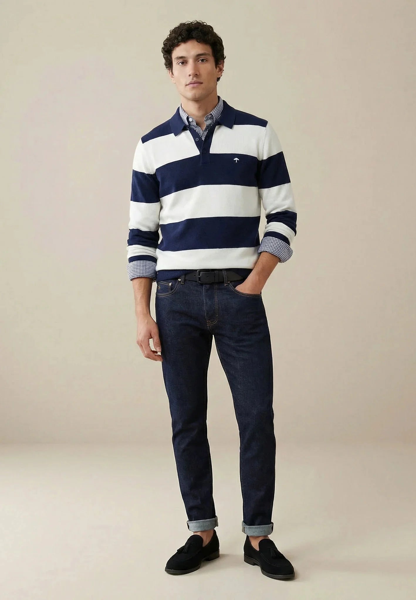 Fynch - Hatton Block Stripe Cotton Linen Polo Collar Knit Navy - northern threads