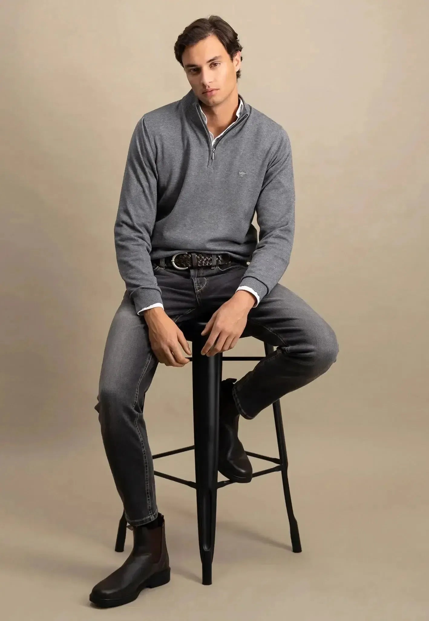 Fynch - Hatton Fine Knit Cotton 1/4 Zip Steel - SFPK215-936-S - northern threads uk