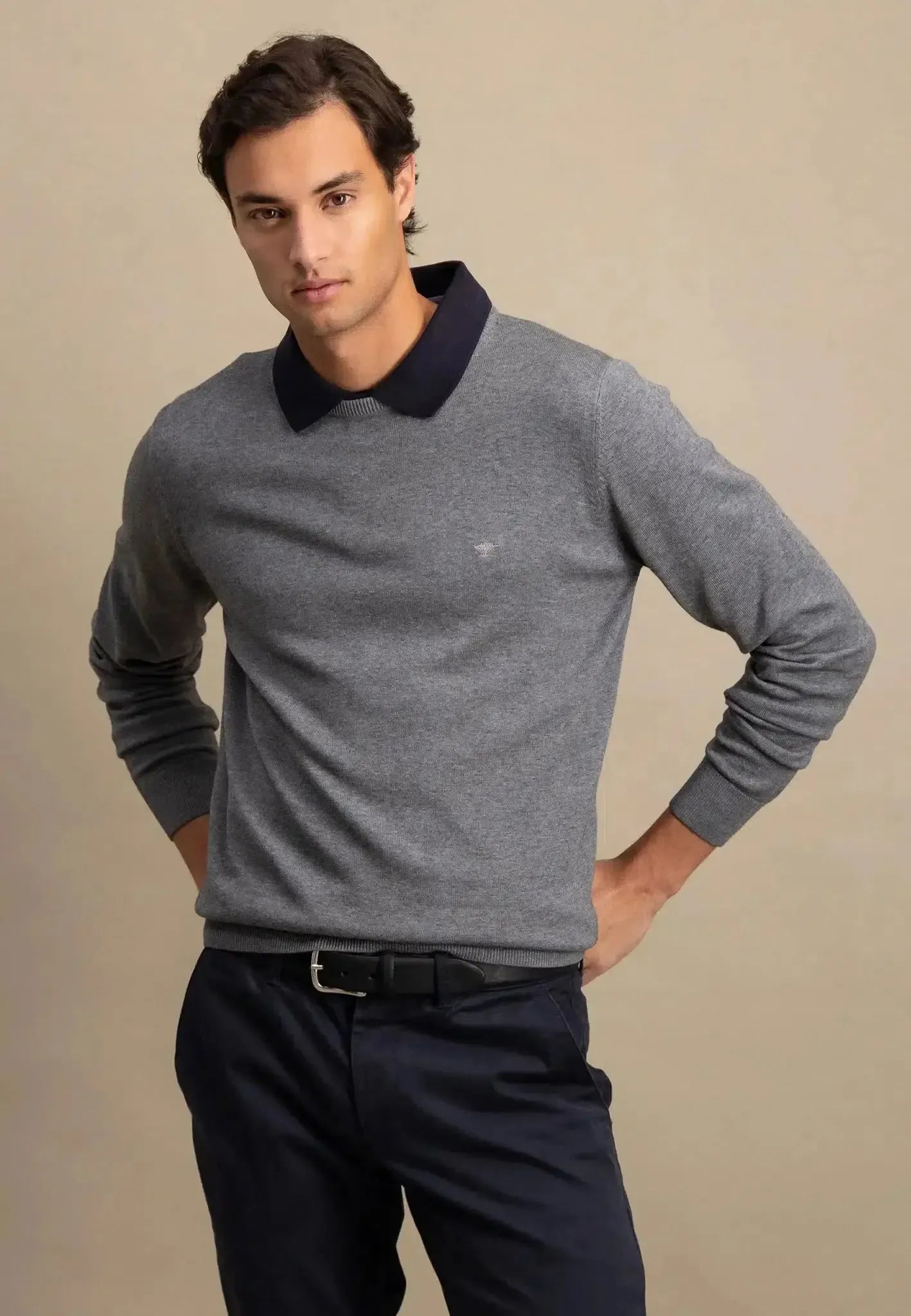 Fynch - Hatton Fine Knit Cotton Crewneck Steel - SFPK210-936-S - northern threads uk