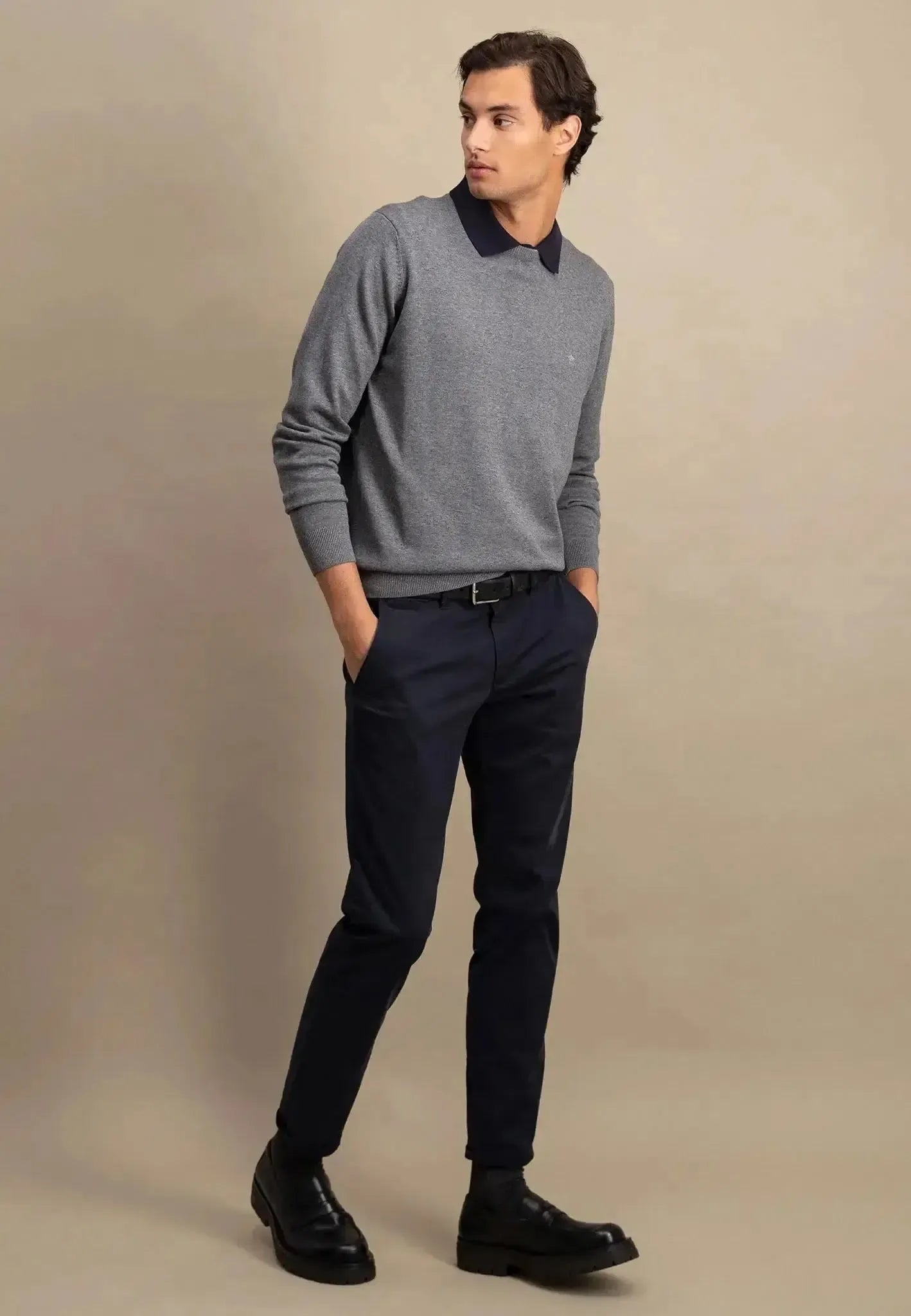 Fynch - Hatton Fine Knit Cotton Crewneck Steel - SFPK210-936-S - northern threads uk