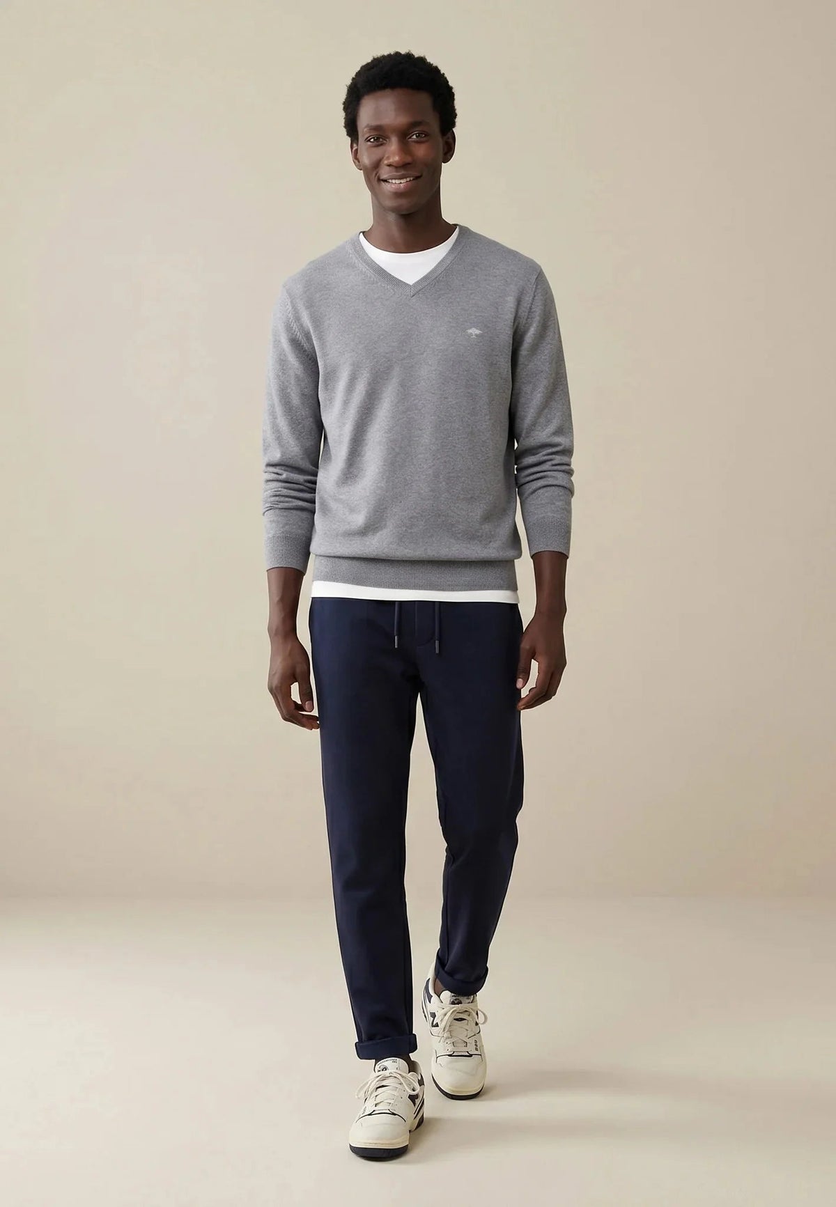 Fynch-Hatton Fine Knit Cotton V-Neck Sweater Steel | Northern Threads Designer Menswear