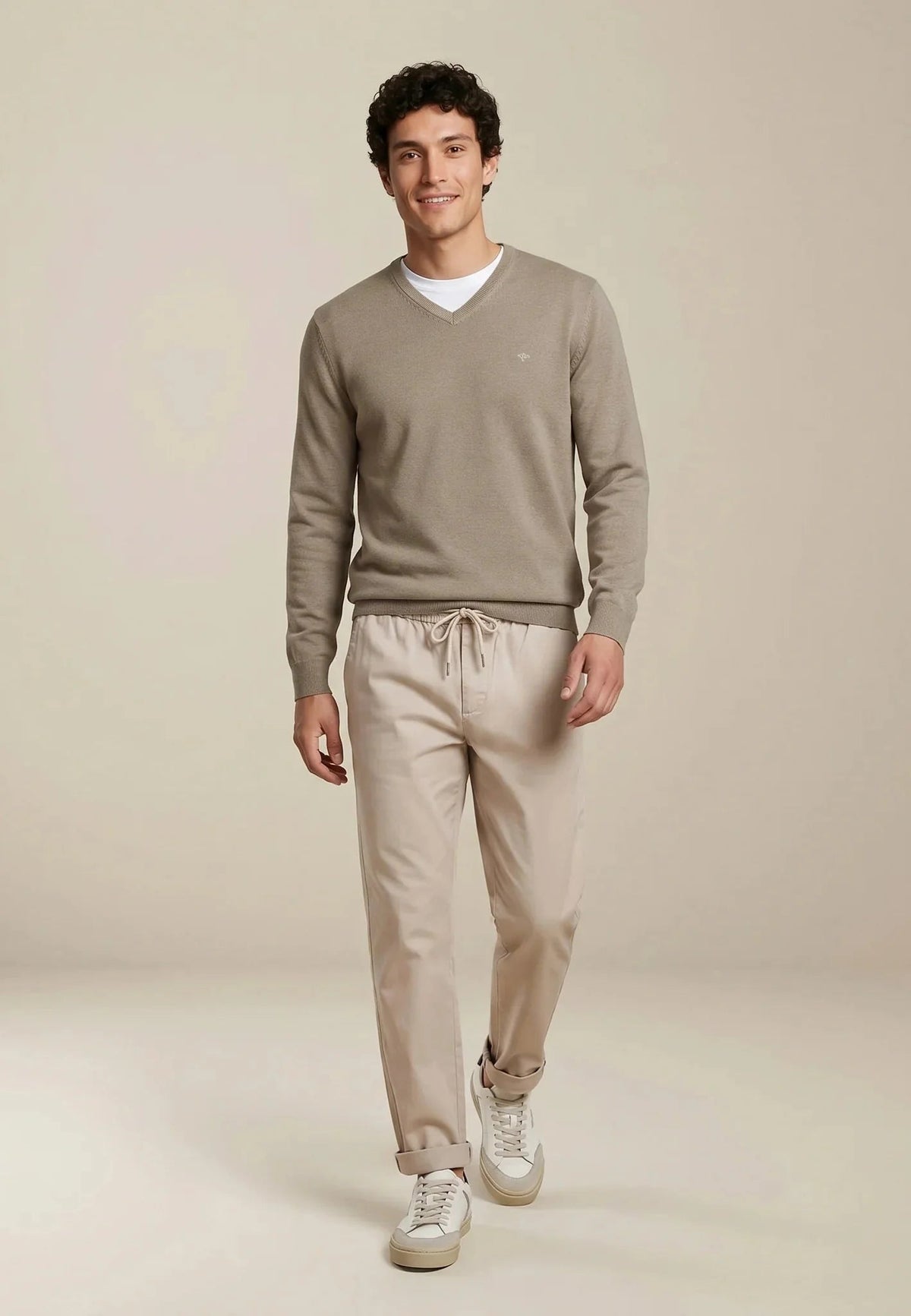 Fynch-Hatton Fine Knit Cotton V-Neck Sweater Taupe | Northern Threads Designer Menswear