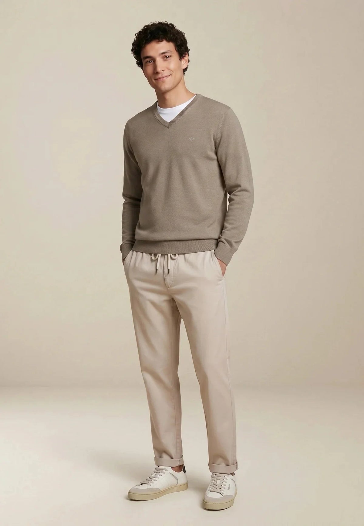 Fynch-Hatton Fine Knit Cotton V-Neck Sweater Taupe | Northern Threads Designer Menswear